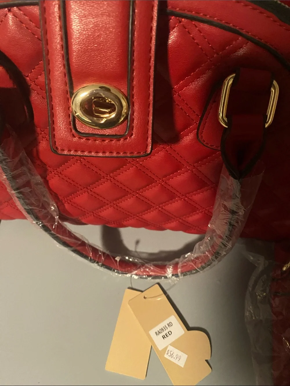 Red Quilted Dome Satchel with Gold Accent Hardware